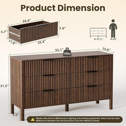 55" Wide Fluted 6 Drawer Dresser for Bedroom, Wooden Dresser Modern Chest of Drawers TV Stand Dressers with Organizer Storage for Bedroom, Living Room, Entryway, Hallway, Walnut
