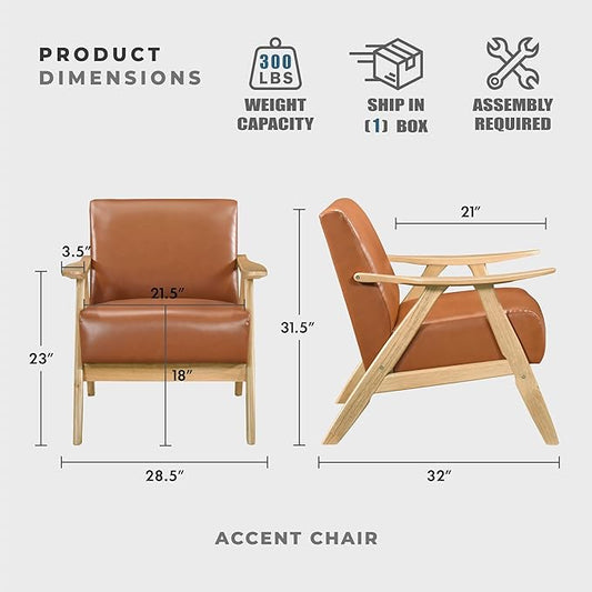 Lexicon Mid Century Modern Accent Chair with Solid Wood Frame in Natural Finish, Faux Leather Living Room Lounge Arm Chair, Thick and Comfy Innerspring Seat Cushion, Brown