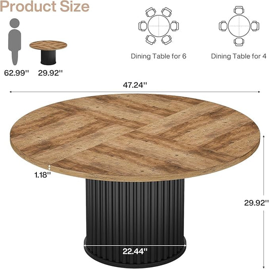Tribesigns Round Dining Table for 4-6, 47-Inch Modern Circle Kitchen Table with Fluted Round Base, Farmhouse Wood Dinner Table for Dining Room, Kitchen, Living Room, Brown and Black