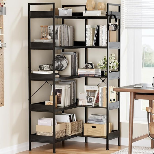 KOUSEI 5-Tier Corner Bookshelf, Reversible L-Shaped Bookcase with 4 Hooks, 65" Industrial Wood & Metal Storage Shelf for Living Room, Home Office & Bedroom, Black