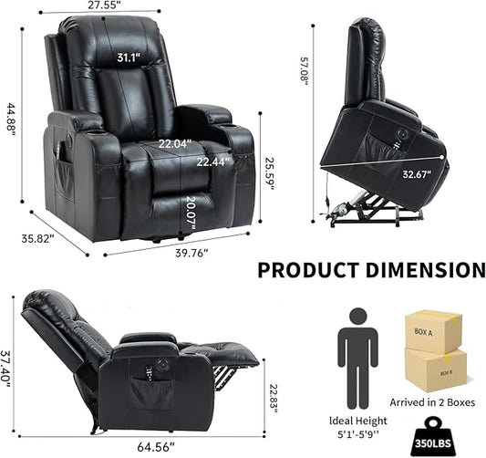 PELUMY Manual Lift Recliner Chair for Elderly with Massage & Heat, Oversized Heavy Duty 350 lbs Recliner with Cup Holders & USB Ports, Infinite Positioning Lift Chair (Breathable Leather, Black)