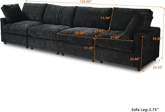 WJShome Modern Sectional Sofa 134 Inch 4-Seater Cloud Couch with Chenille Deep Seat Couches for Living Room, Bedroom and Apartment,Black