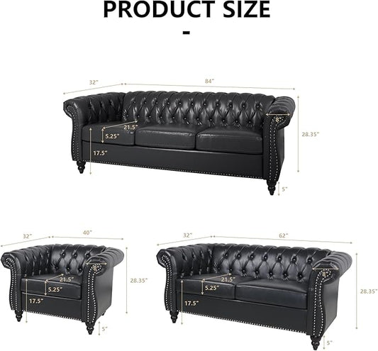 Accent Sofa Chair for Living Room, Modern PU Leather Upholstered Armchair, Oversized Comfy Single Sofa Chair with Cushion, Mid Century Tufted Chesterfield Sofa Couch for Bedroom, Apartment (Black)