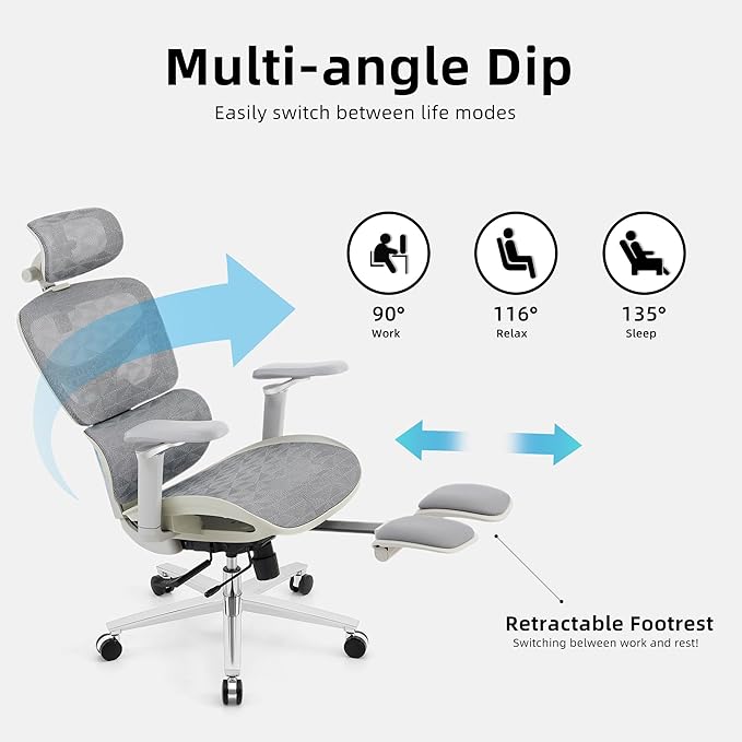 Ergonomic Home Office Desk Chair with Massage Lumbar Support,4D Headrest & 5D Armrests, Reclining Big and Tall 400LBS Mesh Chair with Footrest,Adjustable Back High and Seat Depth(Gray)