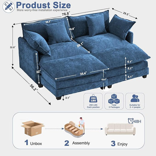 Expandable L-Shaped Sectional Sofa with Ottoman for Apartments, 77" Cloud Chenille Sofa, Create a U-Shape Layout with Optional 2nd Ottoman, Solid Wood Frame, Easy Assembly