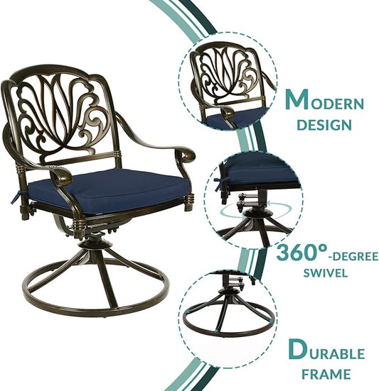 MEETWARM 9-Piece Outdoor Patio Dining Set, All-Weather Cast Aluminum Patio Conversation Set for Backyard Garden Deck with 1 Oval Table, 8 Cushioned Swivel Rocker Chairs, 2" Umbrella Hole, Navy Blue