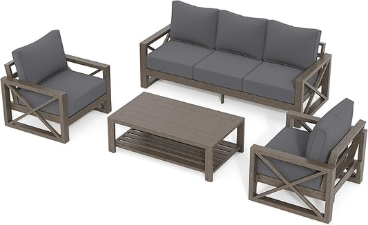 UDPATIO Aluminum Patio Furniture Set, 4 Piece Faux Wood Outdoor Patio Sets with Coffee Table, Metal Patio Furniture Set Modern Outdoor Sectional for Deck Porch Patio, Dark Grey