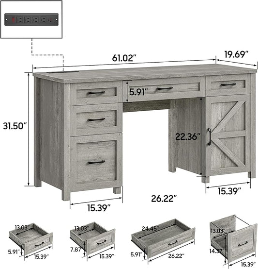 Farmhouse 61'' Executive Desk with 5 Drawers, Rustic Office Desk Computer Desk with Charging Station, File Drawers and Storage Cabinet, Wood Workstation for Home Office and Study, Gray