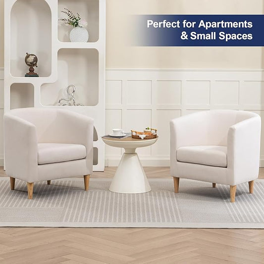 Accent Barrel Chairs Set of 2, Modern Comfy Living Room Chairs with Armrest Small Reading Chair with Cozy Soft Padded for Bedroom Reception Room Cafe, White