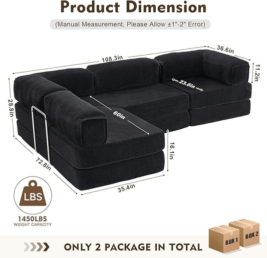 108" L Shaped Couch, Modular Sectional Sofa with Chaise, Cloud Boneless Couch with Deep Seat & Removable Pillow for Living Room, Bedroom,No Assembly Required(Black)