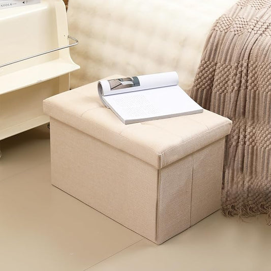 CUYOCA Storage Ottoman Cube Small Footrest Foldable Seat Foot Stools Square Tufted Ottoman Linen Beige