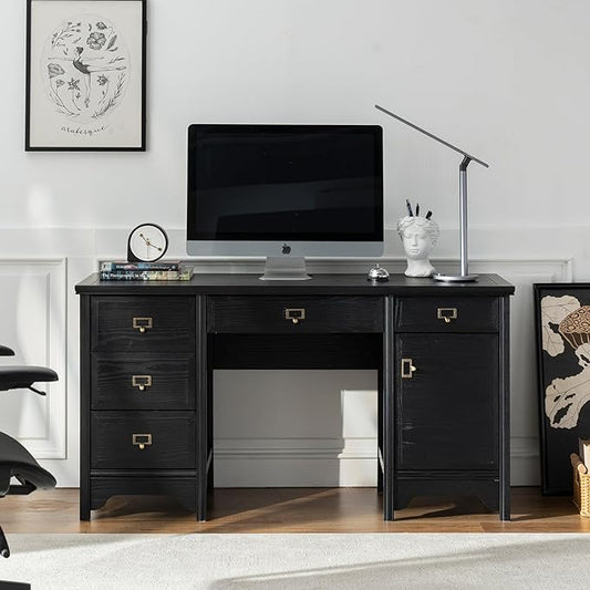 Chogori 55" Solid Wood Executive Desk, Farmhouse Office Computer Desk with 5 Drawers & Storage Cabinet, Wooden Writing Table for Home Office Study Bedroom, Black