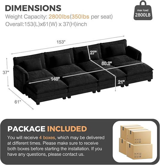 ELUCHANG Oversized 153" Modular Sectional Sofa, Comfy Deep Seat Cloud Couch, Sleeper Sofa Bed, 8 Seat Modern Couch with Removable Cover for Living Room, Apartment, DIY Combination, Chenille Black