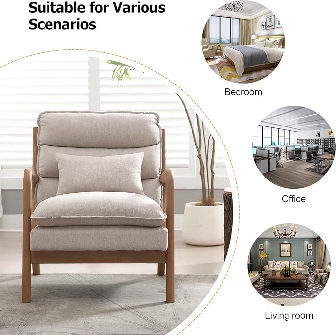 INZOY Accent Chairs Set of 2, Mid Century Modern Accent Chair with Wood Frame, Upholstered Reading Armchair with Waist Cushion, Side Chair for Living Room Bedroom Office, Easy Assembly, Beige