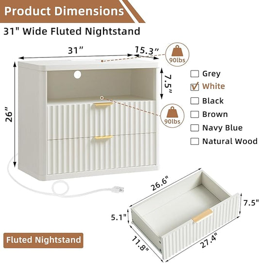LEYAOYAO 31" Wide Fluted Nightstand with Charging Station, Oversized Extra Large 2 Drawers Night Stand,White Wood Bedside Table,Tall Bed Side End Tables,Modern Chest of Drawers Dressers for Bedroom