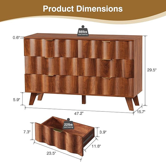 6 Drawer Dresser, Modern Fluted Storage Dresser with Deep Drawers and Metal Handles, Wood Chest of Drawers Storage Organizer for Bedroom, Living Room, Hallway (Walnut)