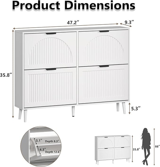 Shoe Cabinet for Entryway with 4 Flip Drawers, Slim Wooden Shoe Storage Organizer with Modern Fluted Pannel,Freestanding Narrow Hidden Shoe Rack for Hallway, Foyer, Living Room