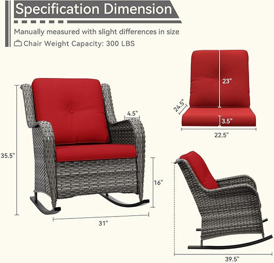 1 PC Outdoor Rocking Chair, Wicker Patio Rocker Chair for Yard, Porch, Mixed Brown Grey Rattan, Red Cushions