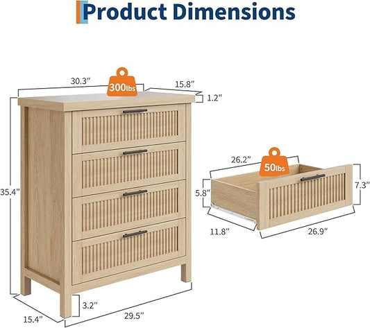 GarveeHome Fluted 4 Drawers Dresser for Bedroom, 35.4 in Tall Chest of Dressers for Closet, 4 Fluted Drawers with Metal Handle, Large Clothes Storage Cabinet for Bedroom, Nursery, Living Room, Natural
