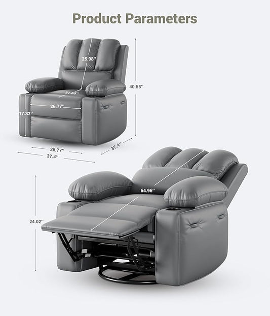 27" Oversized Power Recliner Chair, Faux Leather Rocking Chair with Heat & Massage, 360° Swivel Modern Electric Recliner with Cup Holder & USB Charging for Living Room, Bedroom, Nursery - Grey