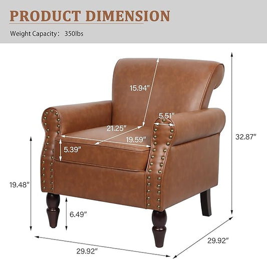 Accent Chair, Mid Century Modern Faux Leather Arm Chair with Wood Leg for Living Room, Bedroom, Comfy PU Leather Club Reading Chairs with Wingback & Nailhead Trim (Leather Brown, Set of 2)