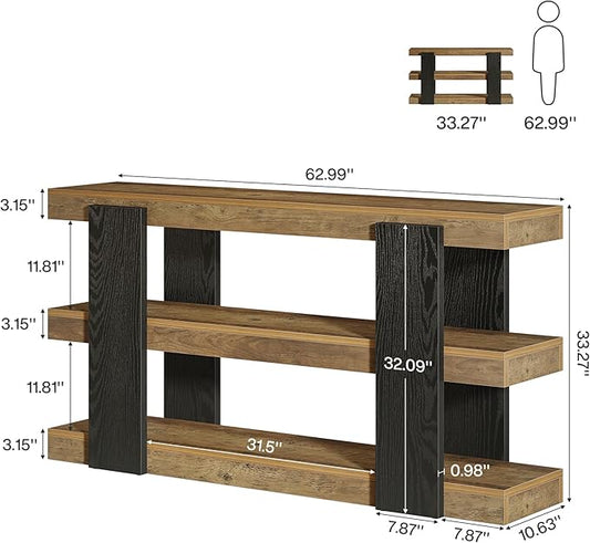Tribesigns 63-Inch Long Console Table, 3-Tier Entryway Table with Storage, Farmhouse Wood Behind Couch Tables for Entryway, Living Room, Hallway, Rustic Brown & Black
