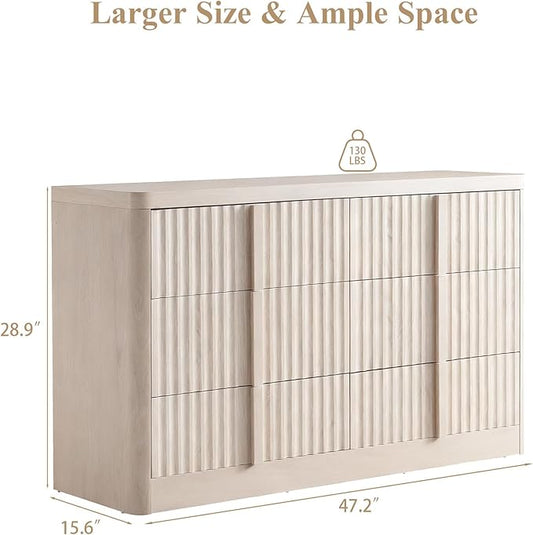 Fluted Dresser for Bedroom, 47" Wide 6 Drawer Dresser, Modern TV Stand Set, Curved Profile Design, Chest of Drawers with Solid Wood Handle for Living Room, Bedroom, Hallway