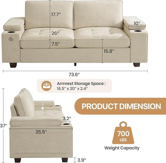 74" Loveseat Couch for Living Room, Modern Chenille Upholstered Sofa with Adjustable Armrest,Storage,Cup Holders,USB & Type-C Ports,Solid Wood 2-Seater Loveseat Sofa for Apartment(Beige)