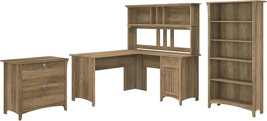 Bush Furniture Salinas L Shaped Desk with Hutch, File Cabinet and 5 Shelf Bookcase | 3 Piece Home Office Furniture Set in Reclaimed Pine | L Shaped Corner Table with Storage