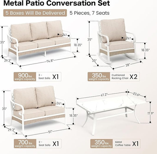 6 PCS Metal Outdoor Patio Furniture Set, Patio Conversations Sets 3-Seater Sofa, 2-Seater Sofa, 2 Rocking Chair with 5.75" Thick Cushion & Coffee Table White Backyard Furniture, Beige