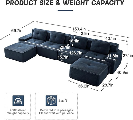 150.4” Blue Boneless Couches for Living Room, Modular Sectional Sofa with U-Shape Chaise, 4 Seater Comfy Upholstered Deep Seat Corduroy Fabric Cloud Couch No Assembly, Anti-Slip Design