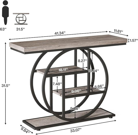 Tribesigns 41.3" Console Table, Industrial 4-Tier Sofa Table Entryway Table with Circle Base, Narrow Wood Accent Tables with Storage Shelves for Living Room, Hallway, Foyer, Gray