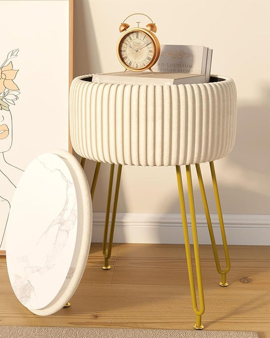 IBUYKE Velvet Storage Footrest Stool Ottoman, Makeup Vanity Stool Side Table with Golden Steel Legs Removable Cover, Coffee Table Top Cover, Creamy-White LG-20M
