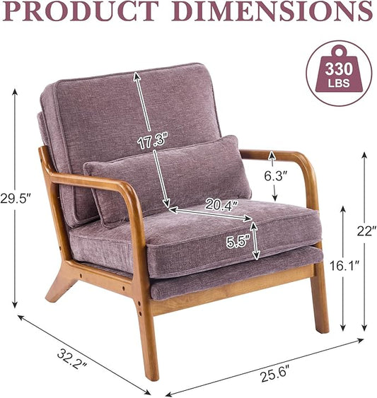 Karl home Mid Century Modern Accent Chair with Lumbar Pillow & Oak Arms – Plush Chenille Living Room Chair for Bedroom, Lounge (Purple)