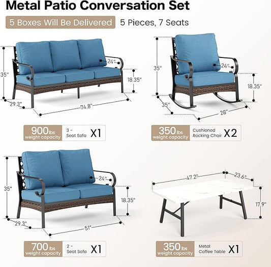 5 Piece Metal Outdoor Patio Furniture Set, Patio Conversation Set with 3-Seater Sofa, Loveseat, 2 Rocking Sofa (5.75" Thick Cushion) & Coffee Table Black Backyard Furniture, Denim Blue