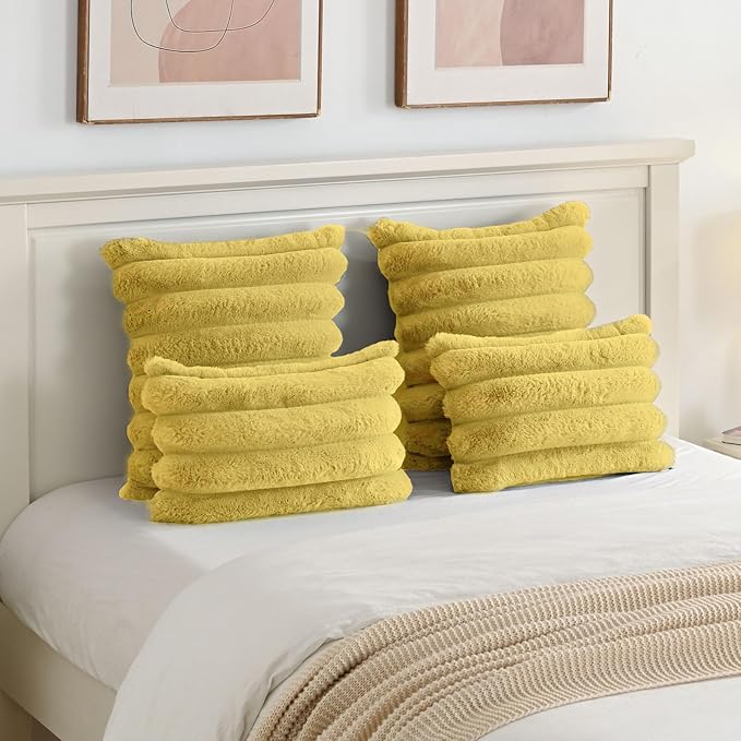 FUTEI Mustard Yellow Decorative Throw Pillow Covers 16x16 Inch Set of 2, Square Soft Faux Rabbit Fur Big Striped Cushion Cover,Home Decor for Couch Sofa Bed Living Room