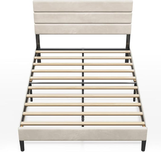 WLIVE Full Size Upholstered Bed Frame, Velvet Square Tufted Headboard,Sturdy Metal & Wooden Slats Support, No Box Spring Needed, Light Grey