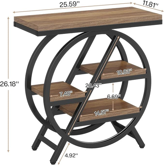 Tribesigns End Table for Living Room, 3-Tier Narrow Side Table with Storage, Wood Sofa Side Table with Geometric Metal Frame, Industrial Nightstand and Bedside Table for Bedroom, Light Brown