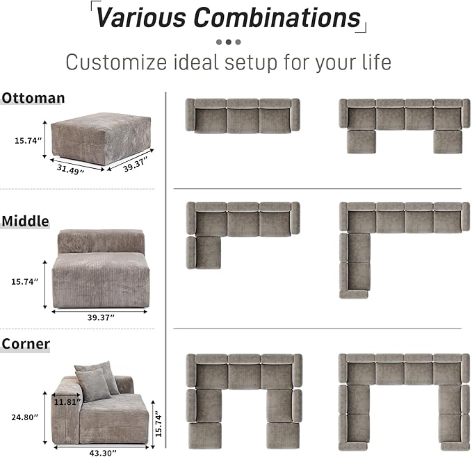 WJShome Cloud Couch Modular Sectional Sofa,102inch L Shaped Sofa with Ottoman,Brown 3 Seater Corduroy Couch,Convertible Sectional Sofa for Living Room,Cushion Covers Removable& Washable
