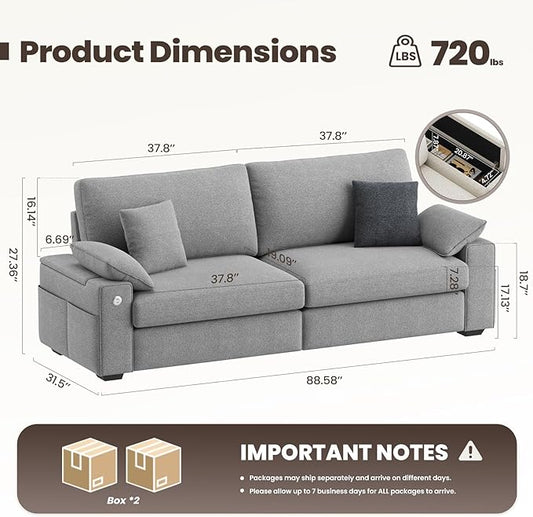 89" Loveseat Sofa, Cloud Foam Couch, 3 Seater Upholstered Midcentury Mondern Love Seat with USB Type C Ports, 4 Pillows and Flip-Open Storage Armrest for Living Room/Small Spaces, Gray