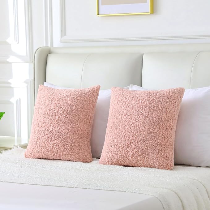 FUTEI Pink Throw Pillow Covers 22x22 Inch Set of 2,Furry Faux Fur Teddy Boucle Textured Cushion Covers,Soft Fluffy Decorative Pillow Case,Home Decor for Couch Bed Living Room Office Car