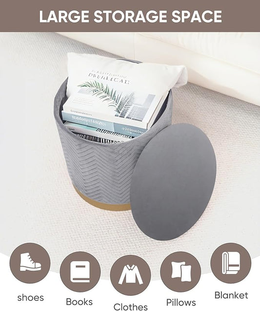 B FSOBEIIALEO Ottoman with Stroage, Round Velvet Storage Ottoman with Gold Plating Base,Foot Rest Stool for Dorm Room, Living Room Grey, 14.76"x14.76"x16.34"