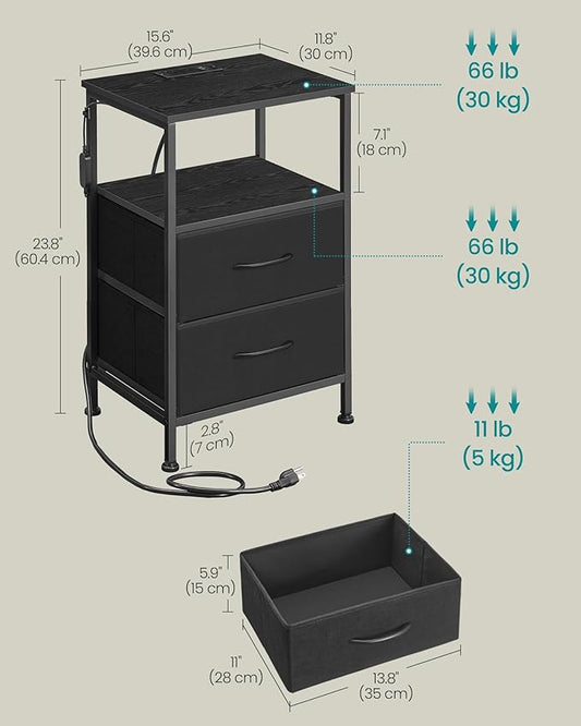 SONGMICS BELLAH Collection - Nightstand with Charging Station and App-Controlled Adjustable LED Lights, Bed Side Table, 2 Drawer and 1 Open Shelf, Bedroom, Ink Black and Ebony Black ULGS302BH01S