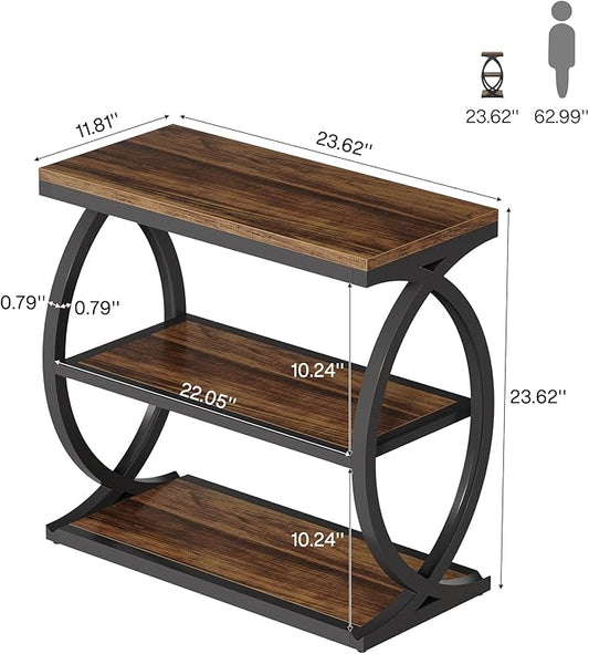 Tribesigns End Table Set of 2, Narrow 3-Tier End Table for Living Room, Industrial Wooden Side Table with Metal Frame, Small Bedside Nightstand for Bedroom, Small Spaces, Rustic Brown