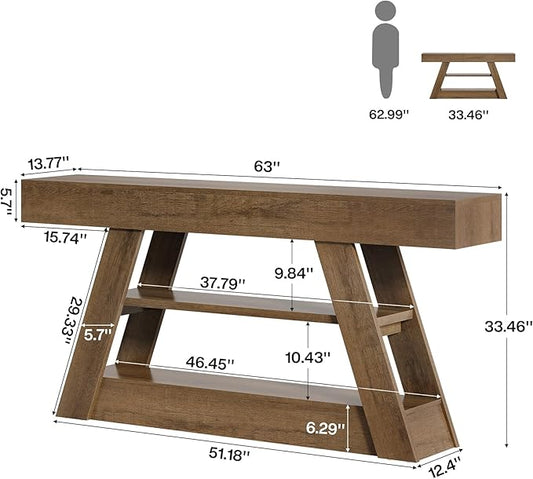 Tribesigns 63-Inch Wooden Console Table with Storage Shelves, Rustic Long Entryway Sofa Table Behind Couch for Living Room, Entrance, Hallway, Foyer