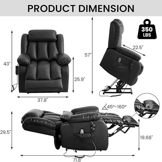 TEKAMON Power Lift Recliner Chair for Elderly with Heat & Massage, Dual Motor Genuine Leather Recliner, Lay Flat Sleeping Chairs with Infinite Position, RemoteControl(Black, Extended)