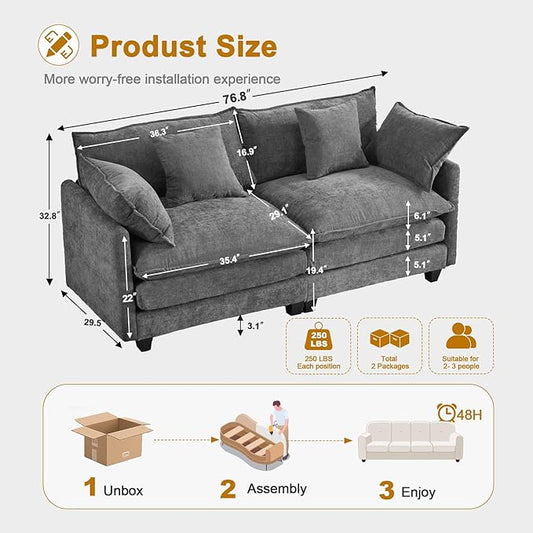 77" Cloud Sofa Loveseat & Couch|Small 2-Seater Chenille Sectional Sofa with 29.1" Deep Seat|FSC Certified Solid Wood & Metal Frame|Easy Assembly & 1YR Guarantee| for Apartment Living Room|Grey