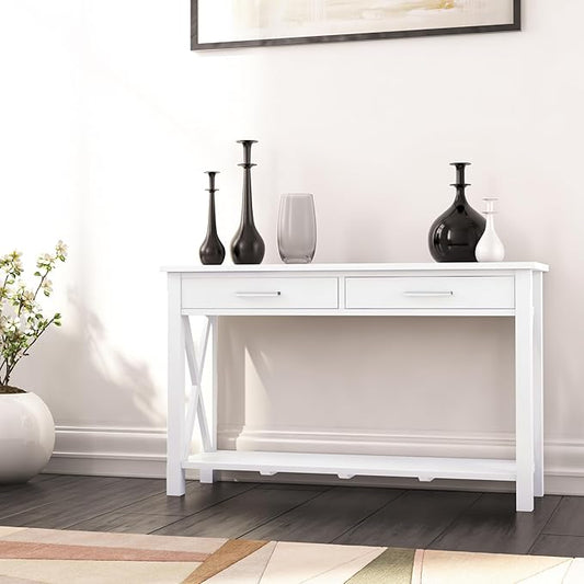 SIMPLIHOME Kitchener Console Table - 47 Inch Wide Solid Wood Sofa Table in White, Contemporary Storage Table for Entryway or Living Room with 2 Drawers, Bottom Shelf, and X-Design Side Panels
