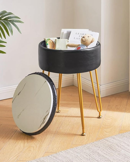 IBUYKE Faux Leather Round Footrest Stool with Storage Ottoman, Makeup Vanity Chair Side Table, PU Dressing Table Seat, Removable Cover, Golden Steel Legs, Black WBD024B