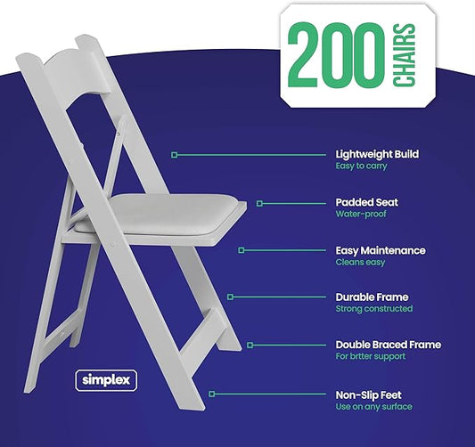 SIMPLEX 200 White Folding Chairs – Resin Stackable Foldable Chairs with Padded Seats – Comfortable White Folding Chairs for Indoor/Outdoor Events – Lightweight Resin Chairs (200 Pack)